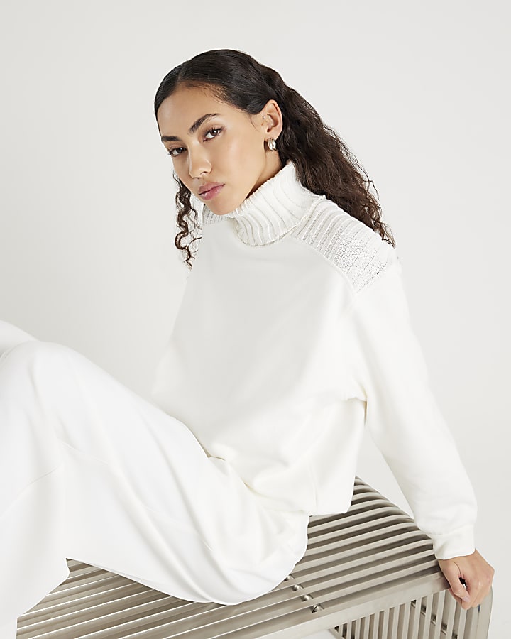 River Island Cream Roll Neck Hybrid Knit Sweatshirt