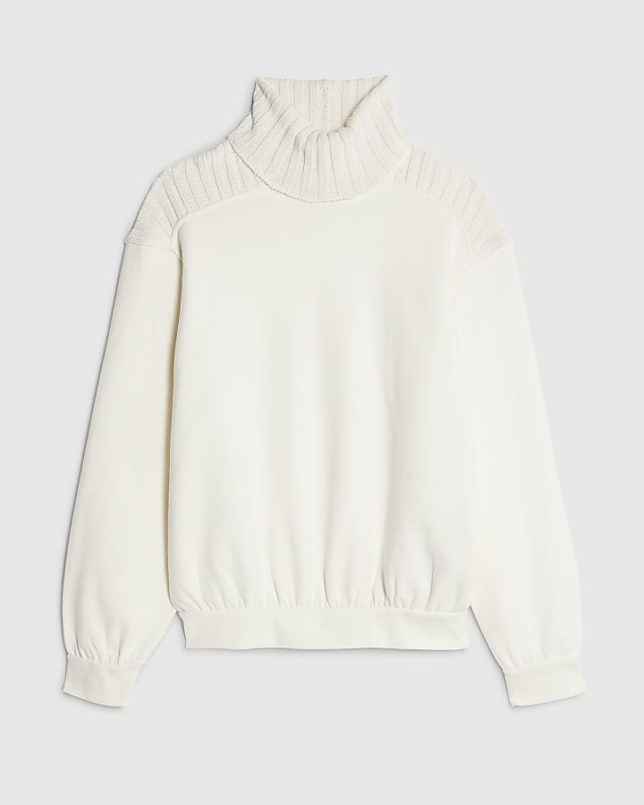 river island Cream Roll Neck Hybrid Knit Sweatshirt