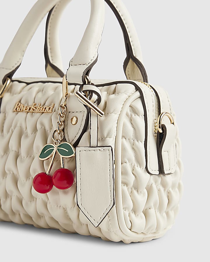 River Island Cream Ruched Cherry Charm Mini Bowler Bag