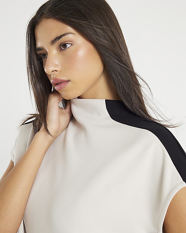 River Island Cream Short Sleeve Colour Block High Neck Top