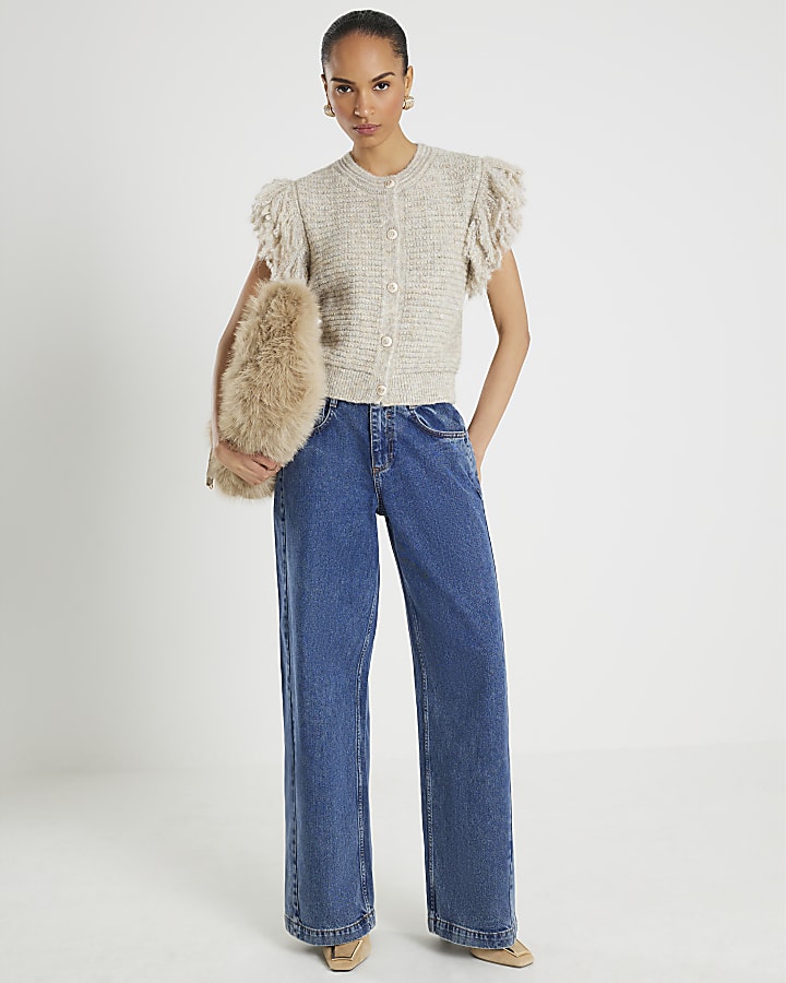 River Island Cream Short Sleeve Fringed Button Up Cardigan