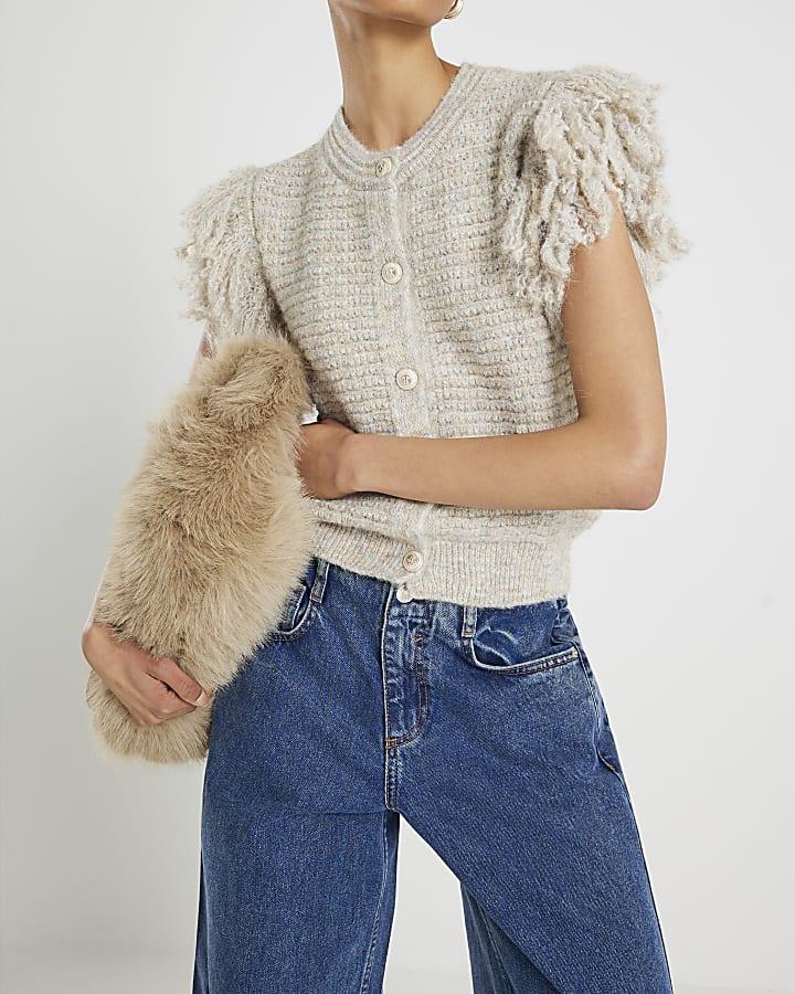 River Island Cream Short Sleeve Fringed Button Up Cardigan