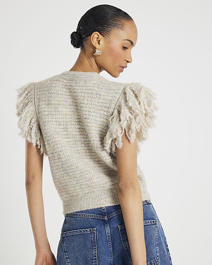 River Island Cream Short Sleeve Fringed Button Up Cardigan
