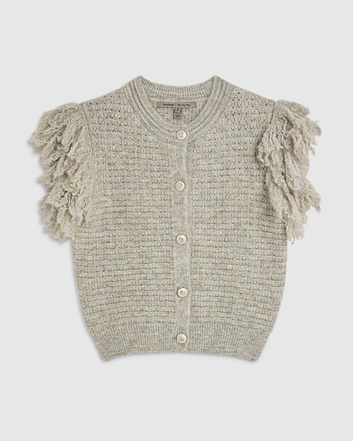 river island Cream Short Sleeve Fringed Button Up Cardigan