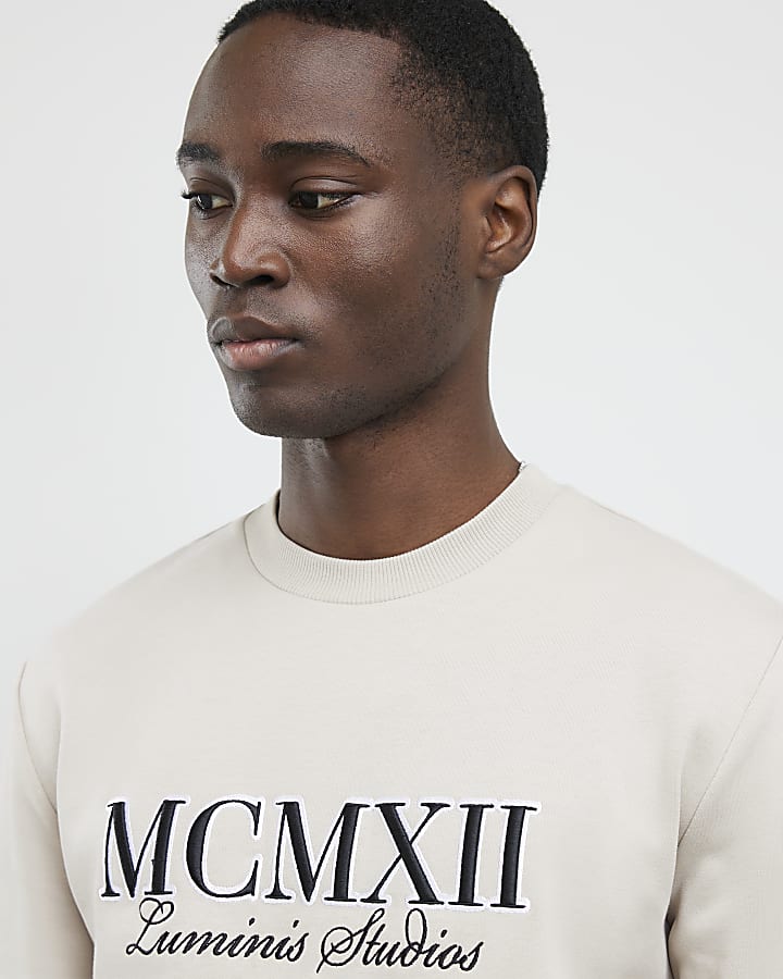 River Island Cream Slim Fit Embossed MCMXII Sweatshirt