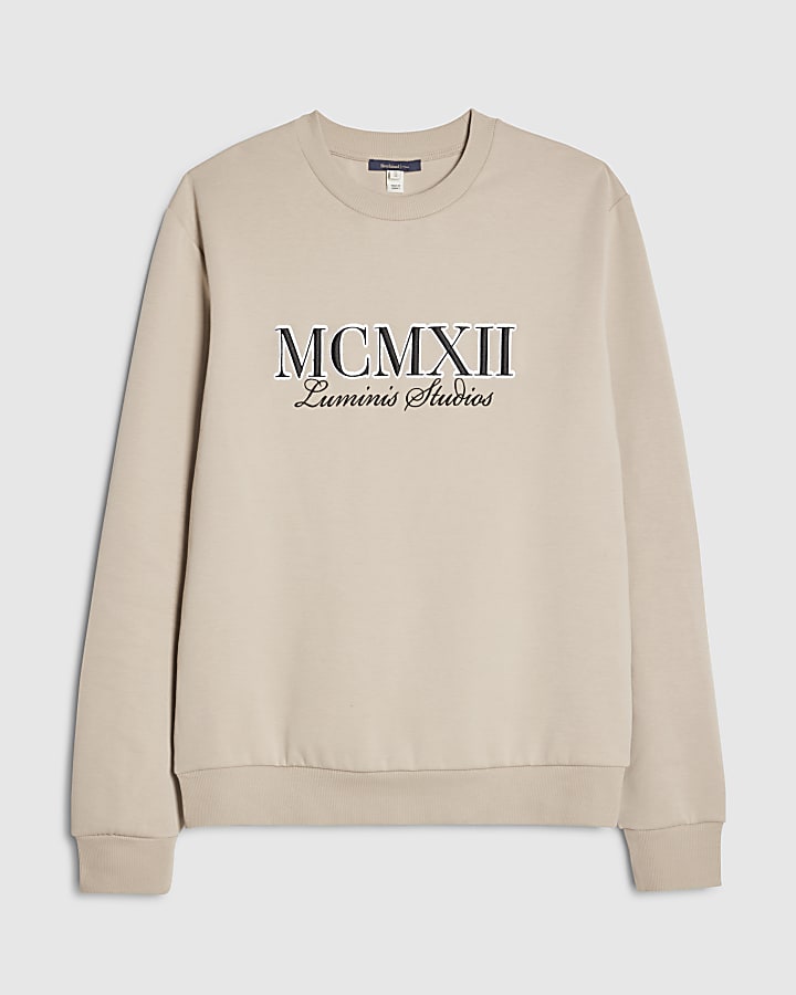 river island Cream Slim Fit Embossed MCMXII Sweatshirt