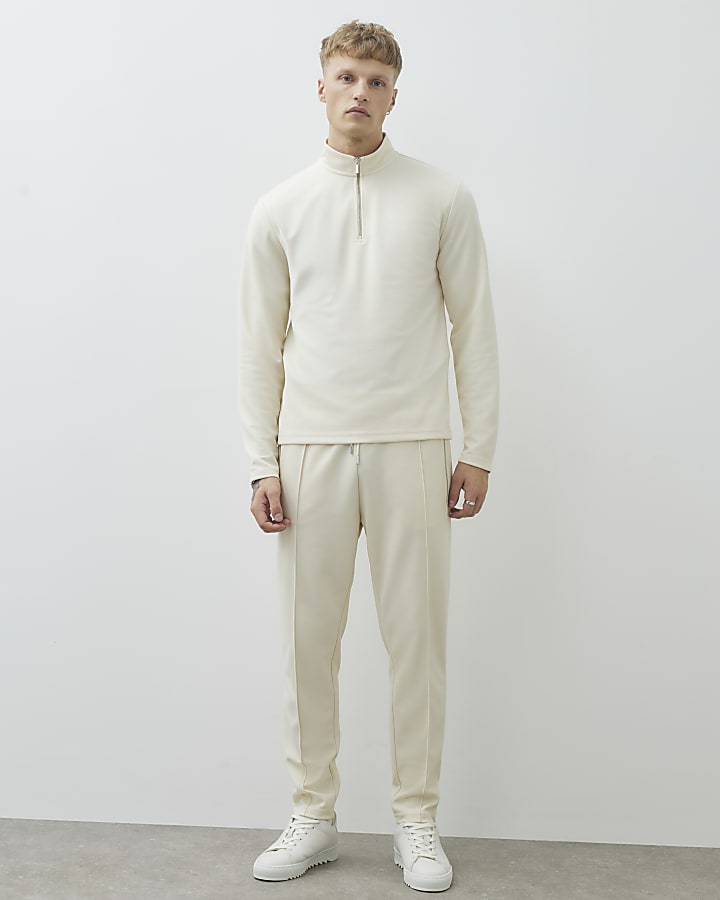 River Island Cream Slim Fit Half Zip Funnel Sweatshirt