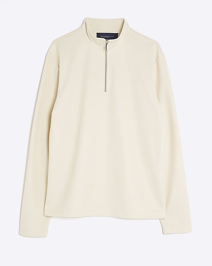 river island Cream Slim Fit Half Zip Funnel Sweatshirt