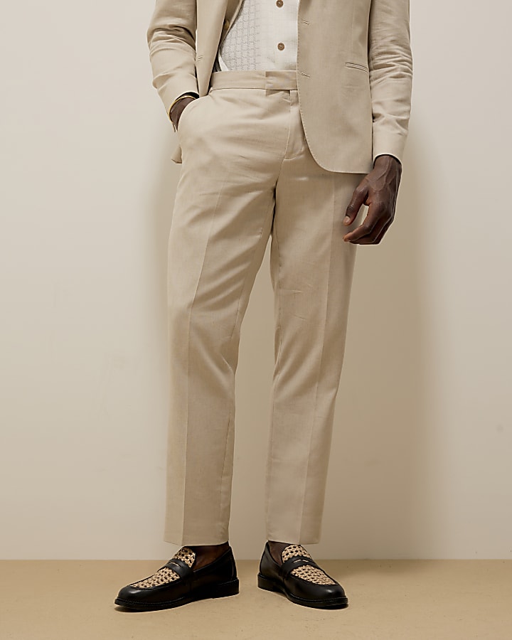 River Island Cream Slim Fit Linen Blend Suit Trousers
