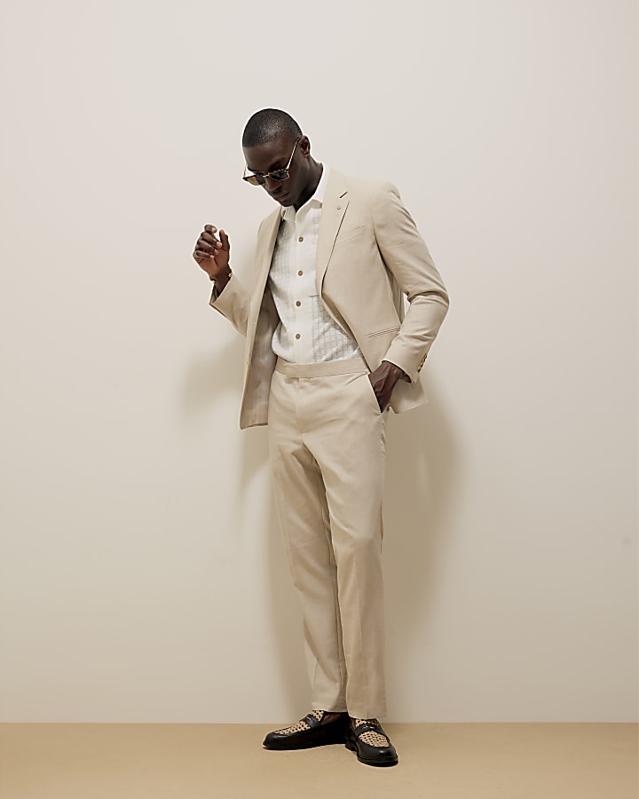 River Island Cream Slim Fit Linen Blend Suit Trousers