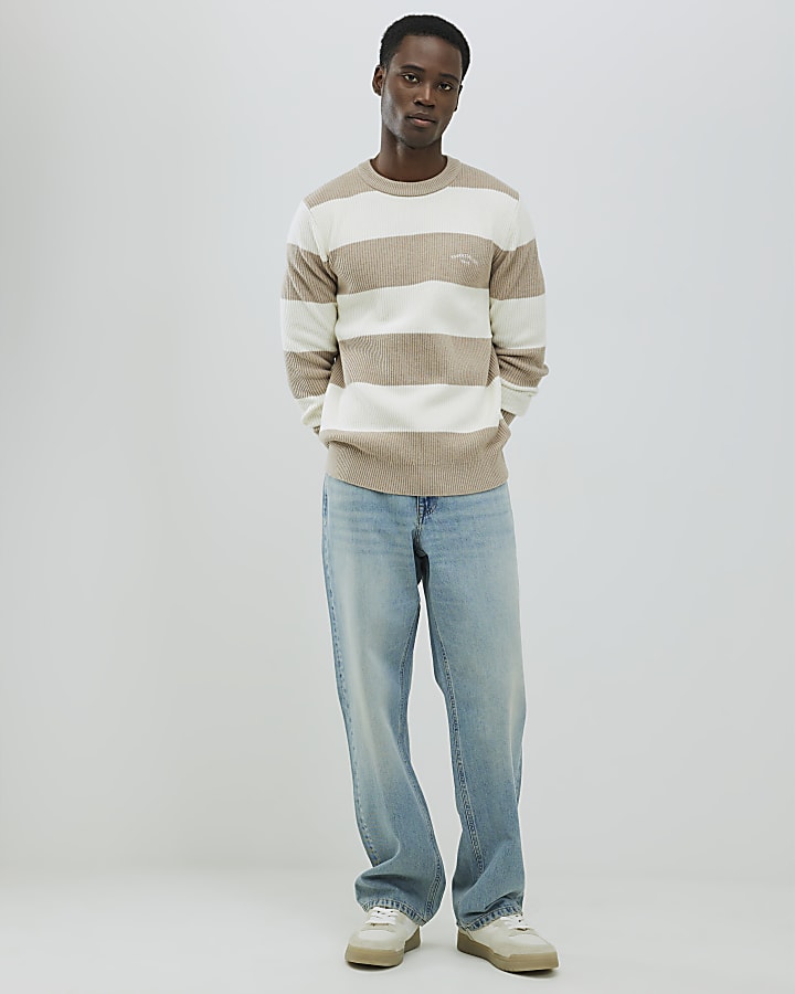 River Island Cream Slim Fit Stripe Rib Blocked Jumper