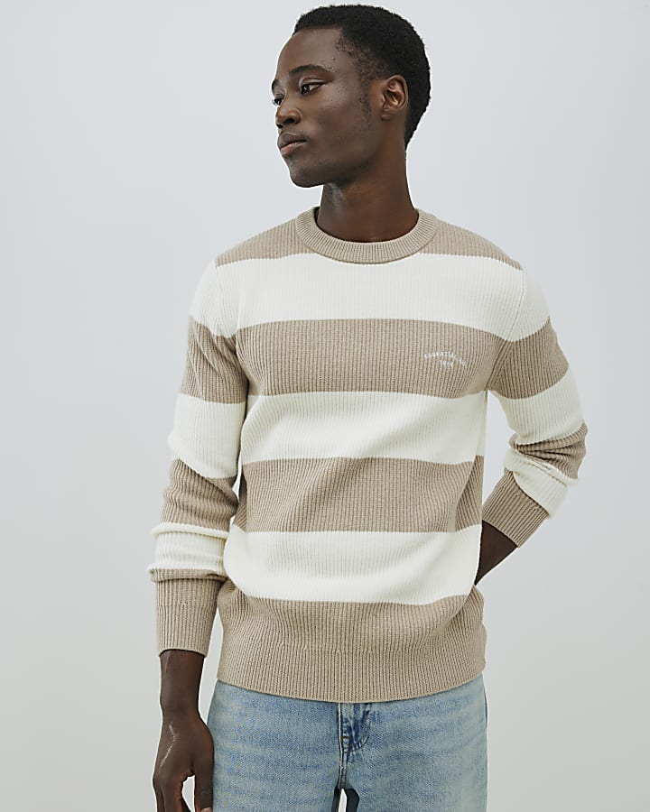 River Island Cream Slim Fit Stripe Rib Blocked Jumper