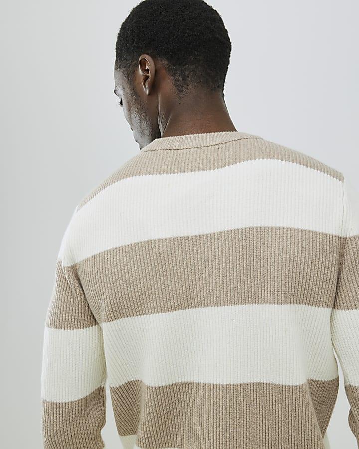 River Island Cream Slim Fit Stripe Rib Blocked Jumper