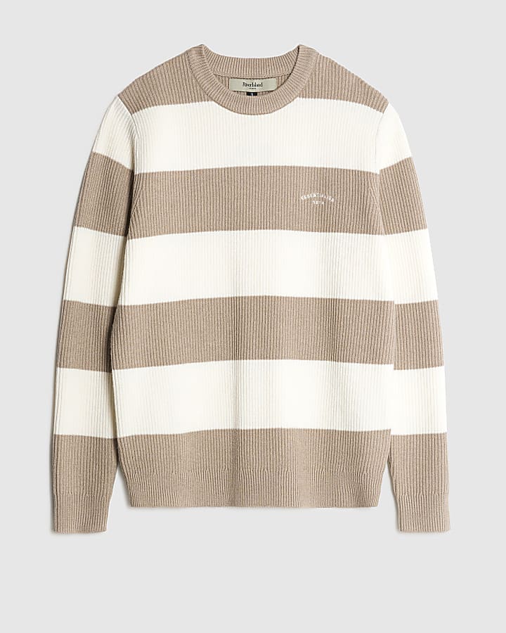 river island Cream Slim Fit Stripe Rib Blocked Jumper