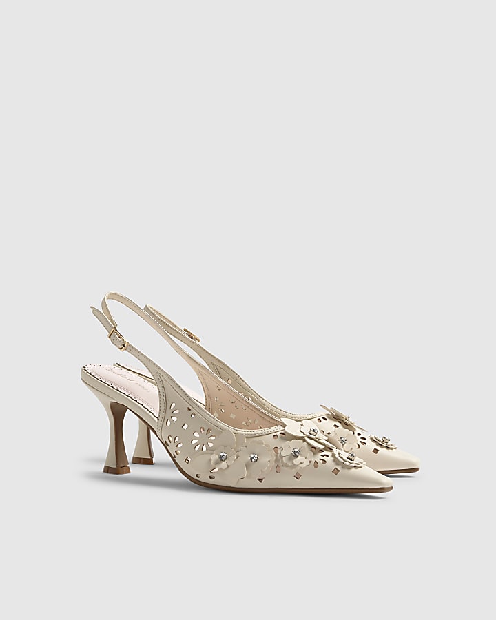 River Island Cream Sling Back 3D Floral Court Heels