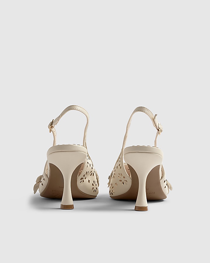 River Island Cream Sling Back 3D Floral Court Heels