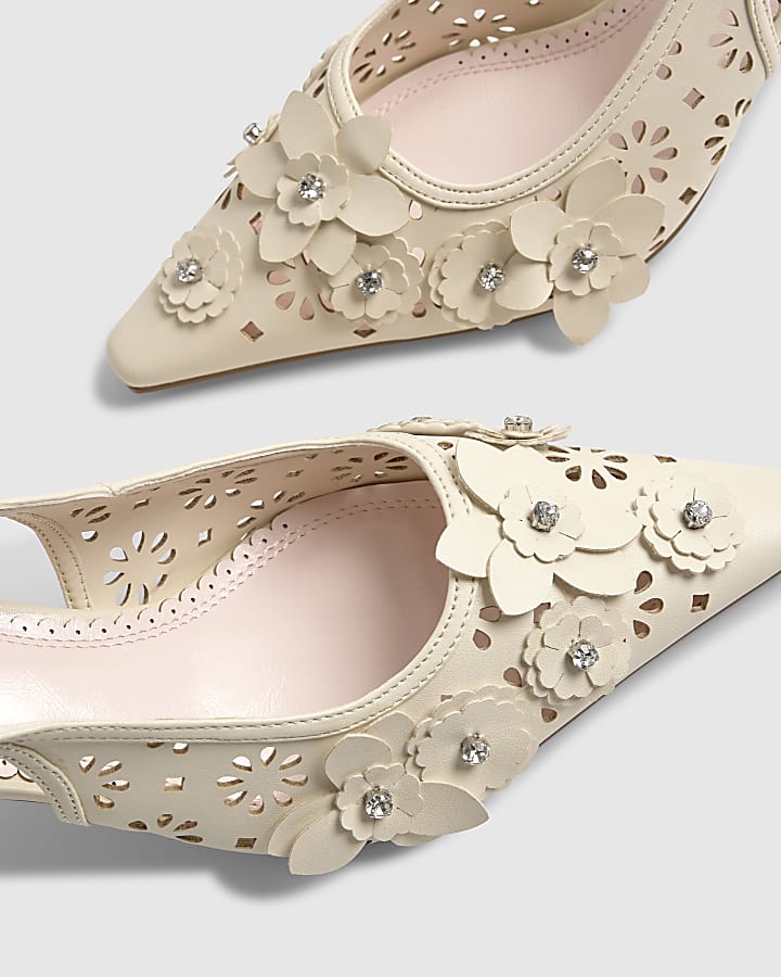 River Island Cream Sling Back 3D Floral Court Heels
