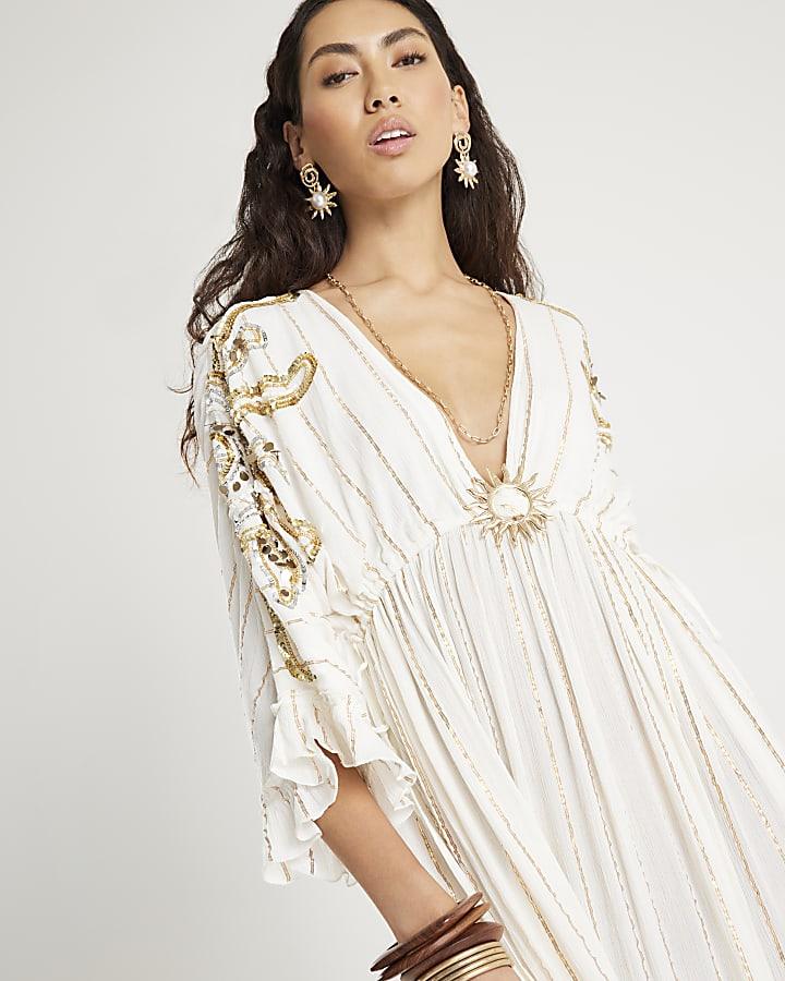 River Island Cream Sun Detail Embellished Maxi Beach Dress