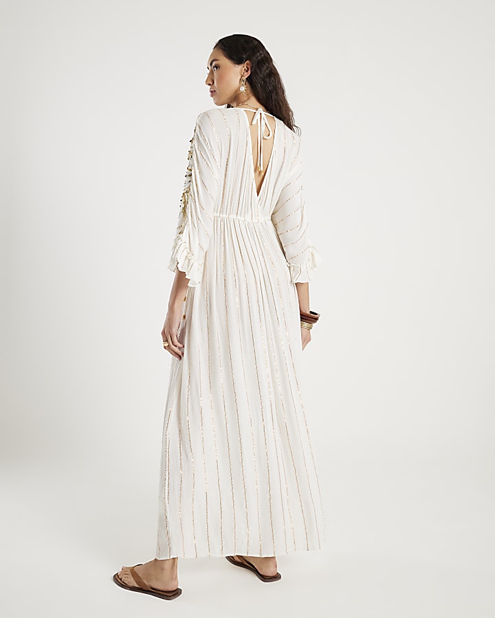 River Island Cream Sun Detail Embellished Maxi Beach Dress