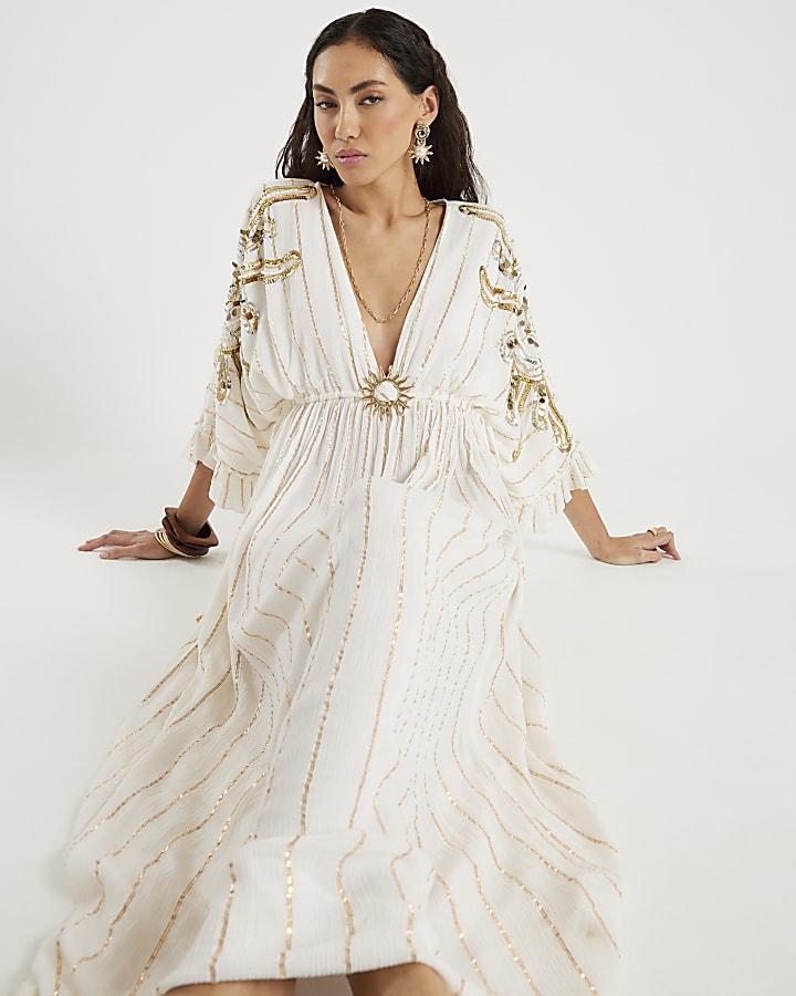 River Island Cream Sun Detail Embellished Maxi Beach Dress