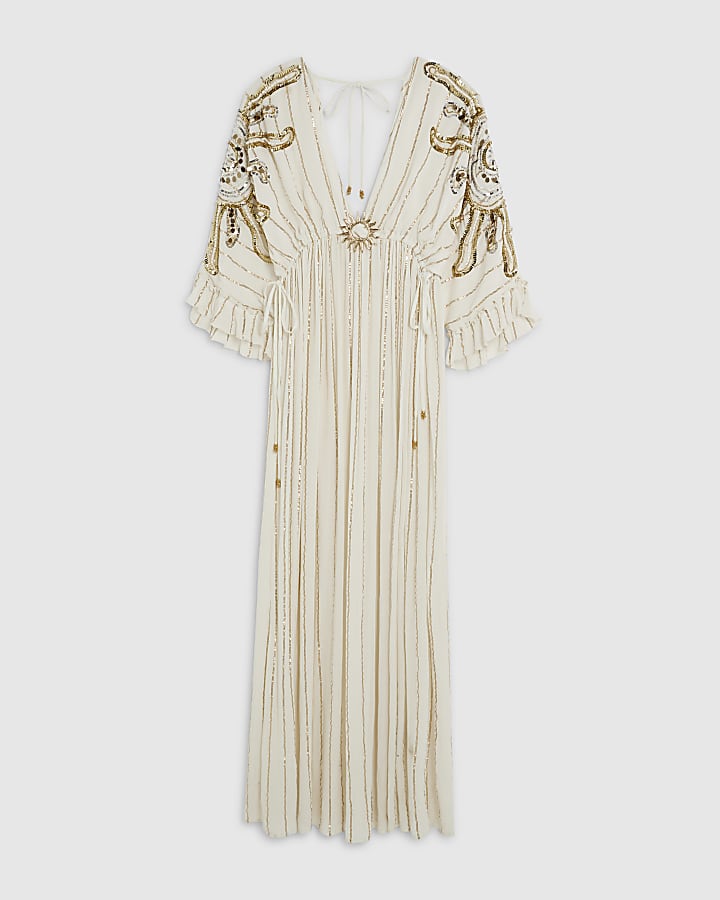 river island Cream Sun Detail Embellished Maxi Beach Dress