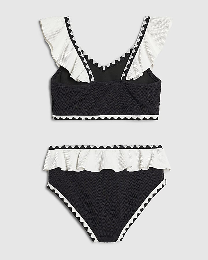 River Island Gils Black Gold Textured Frill Bikini Set