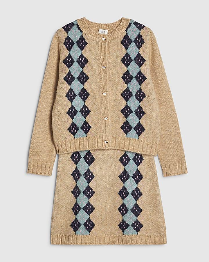 River Island Girls Beige Argyle Cardigan And Skirt Set