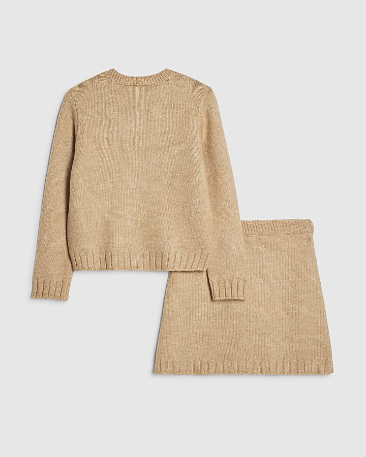 River Island Girls Beige Argyle Cardigan And Skirt Set