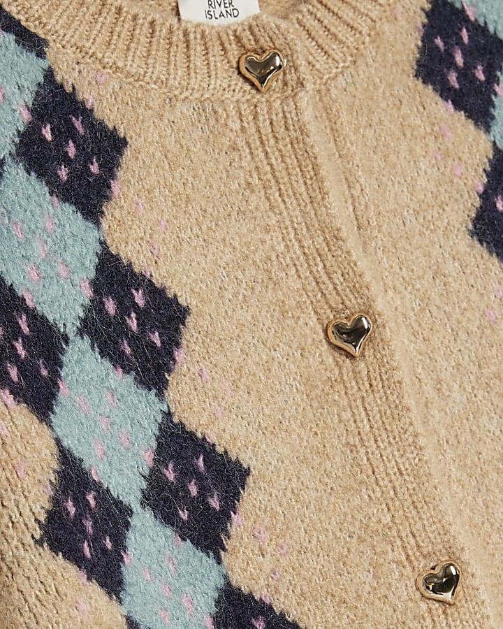 River Island Girls Beige Argyle Cardigan And Skirt Set