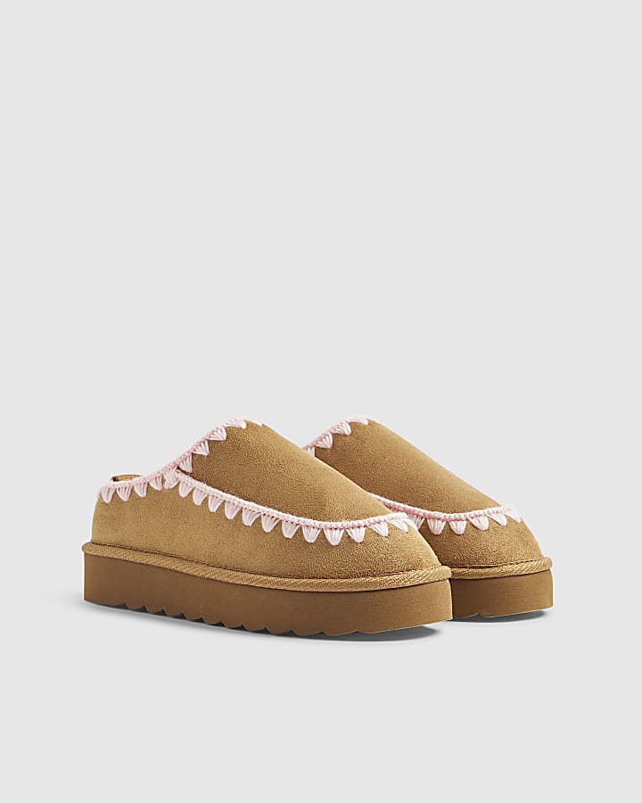 River Island Girls Beige Whipstitch Moccasin Mule Slippers