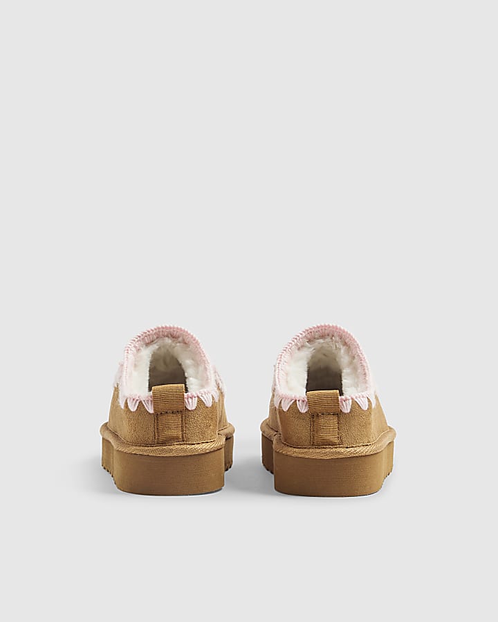 River Island Girls Beige Whipstitch Moccasin Mule Slippers
