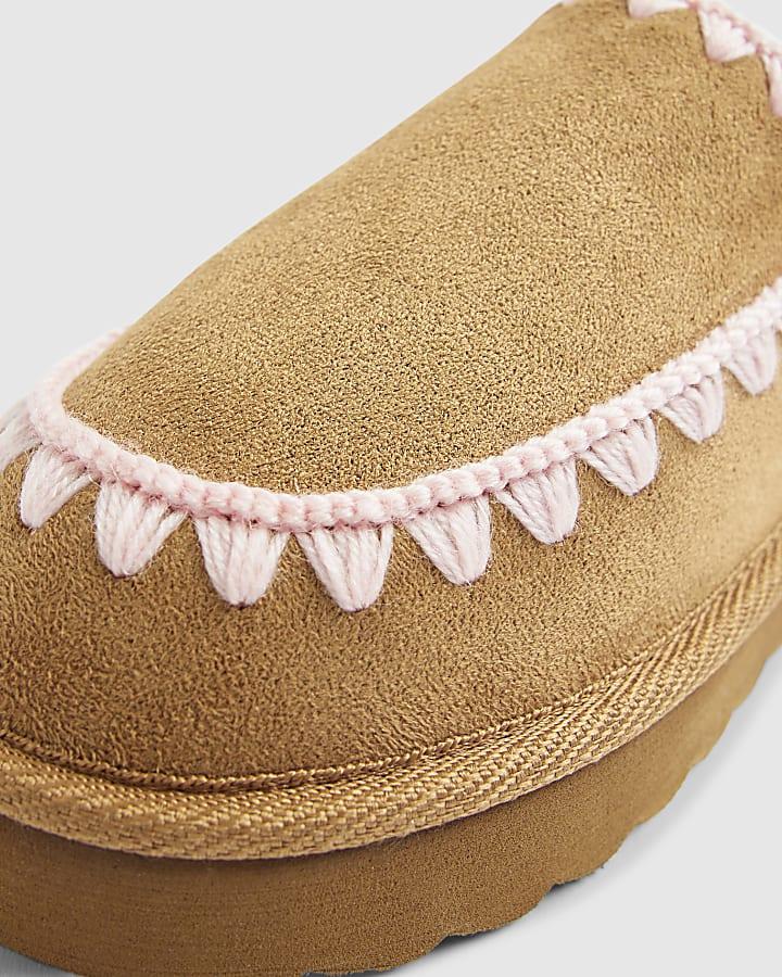 River Island Girls Beige Whipstitch Moccasin Mule Slippers