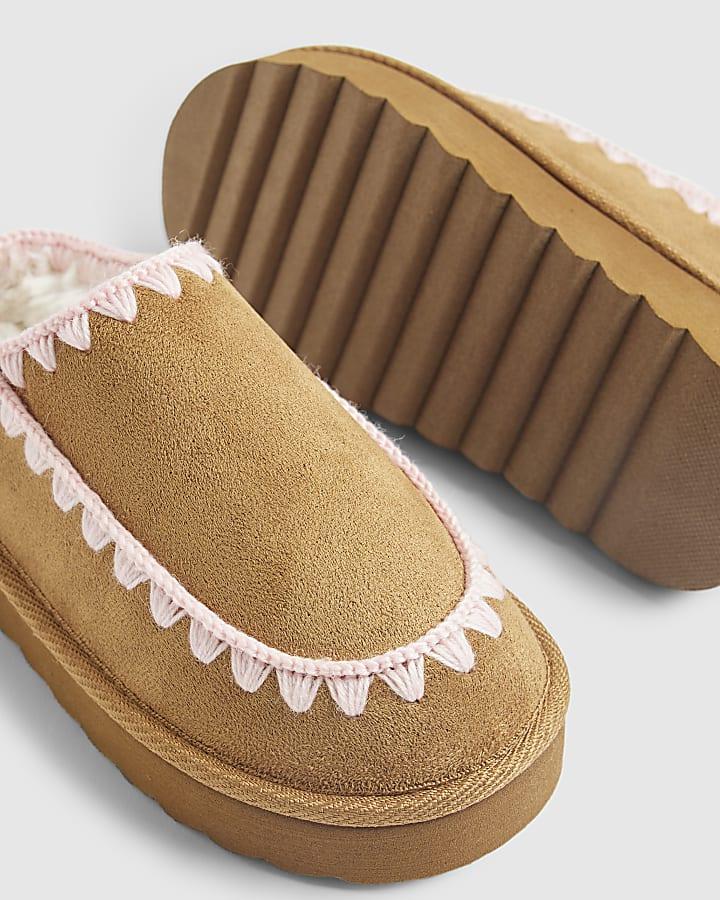 river island Girls Beige Whipstitch Moccasin Mule Slippers