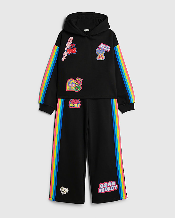 River Island Girls Black Badge Hoodie Tracksuit Set