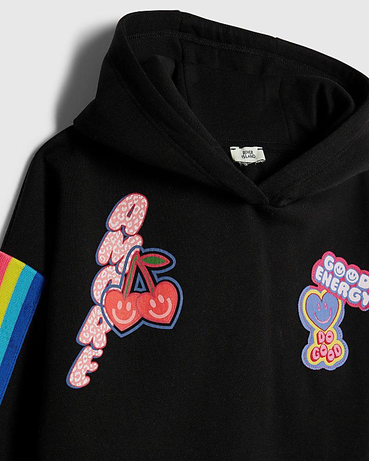 River Island Girls Black Badge Hoodie Tracksuit Set