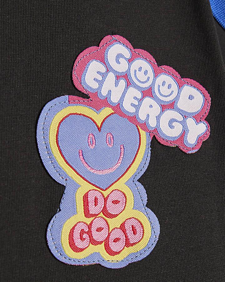 River Island Girls Black Badges Rainbow Stripe T-Shirt