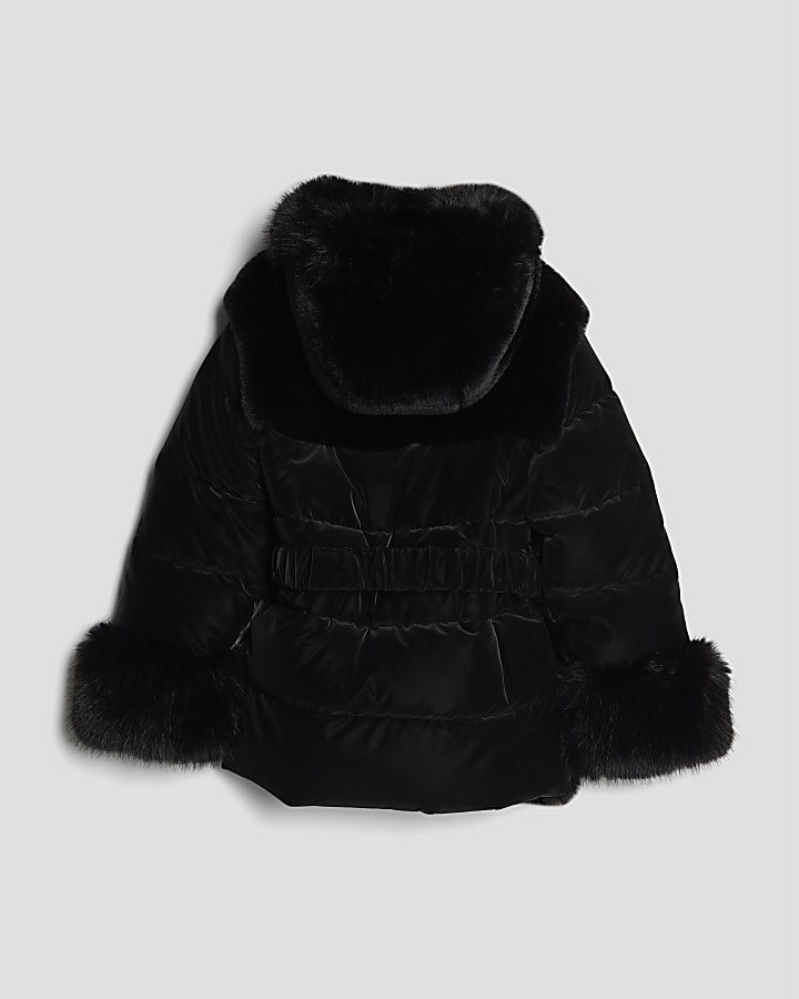 River Island Girls Black Belted Faux Fur Padded Coat