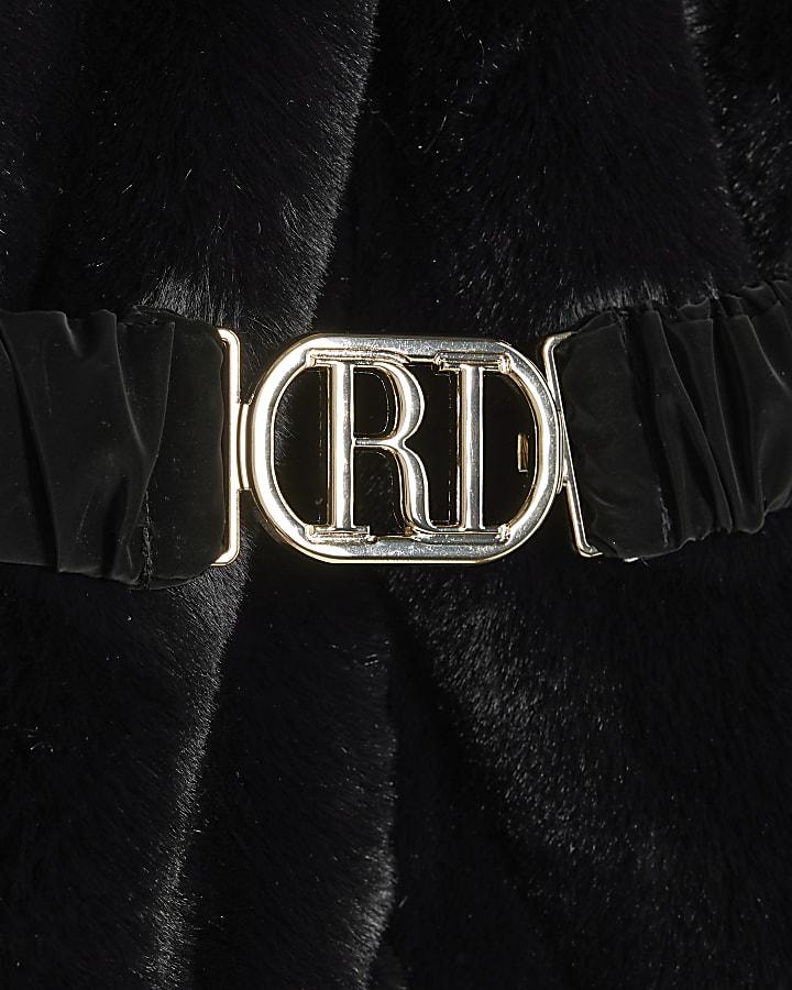 River Island Girls Black Belted Faux Fur Padded Coat