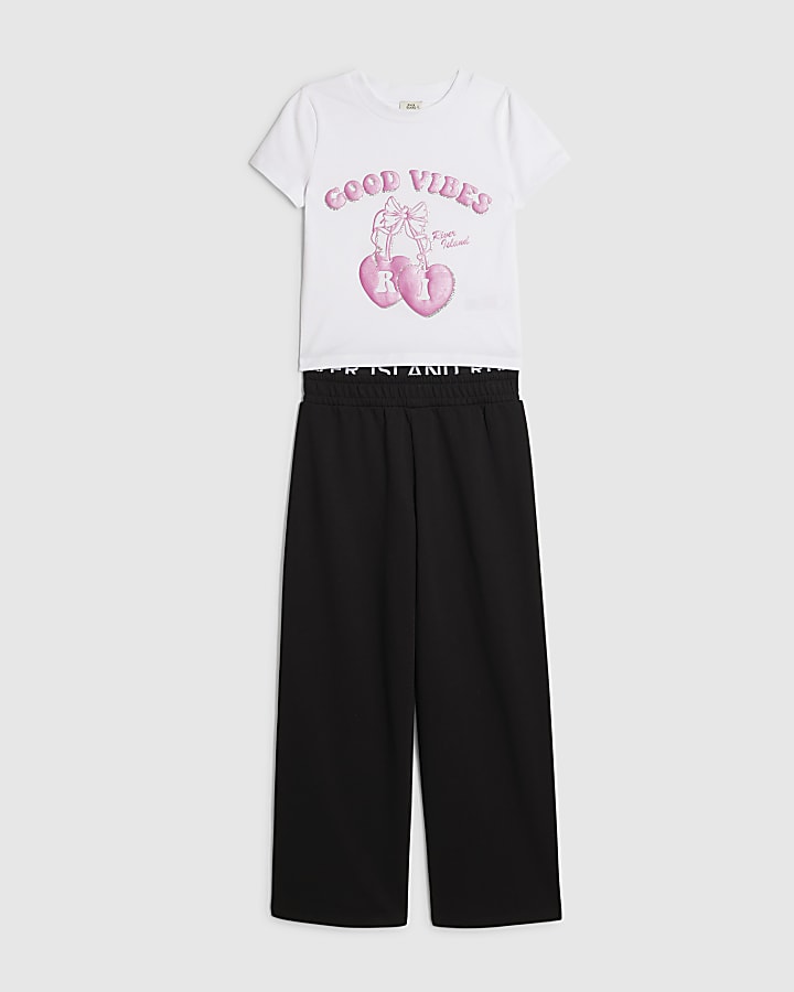 River Island Girls Black Bow Good Vibes T-Shirt Set