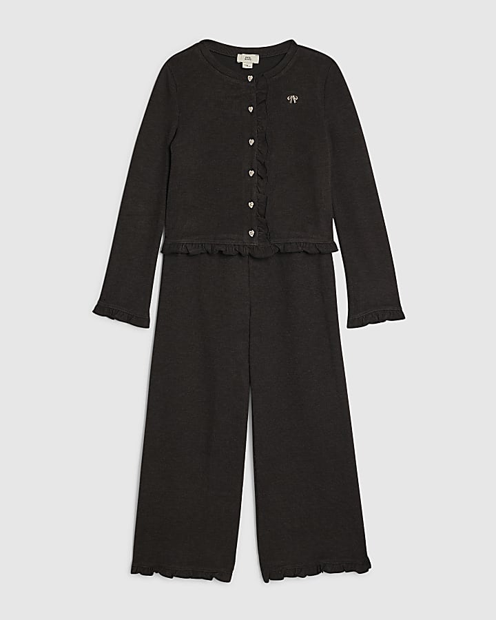 River Island Girls Black Cosy Wide Leg Trousers Set