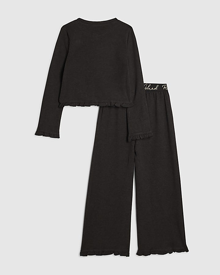 River Island Girls Black Cosy Wide Leg Trousers Set
