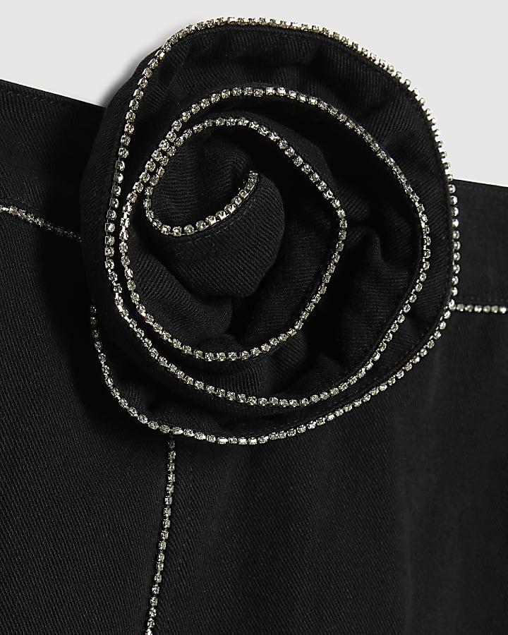 River Island Girls Black Denim Corsage Diamante Skirt