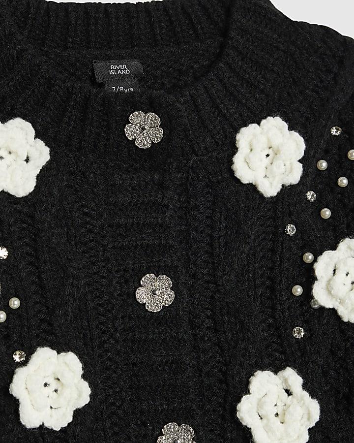 River Island Girls Black Embellished Flower Cardigan