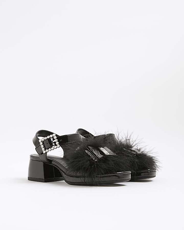 River Island Girls Black Faux Feather Bow Heeled Sandals