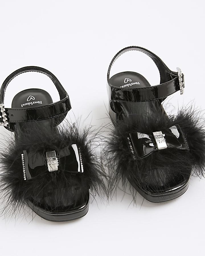 River Island Girls Black Faux Feather Bow Heeled Sandals
