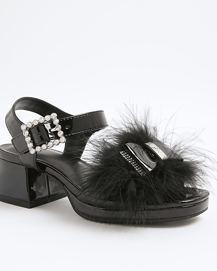 river island Girls Black Faux Feather Bow Heeled Sandals