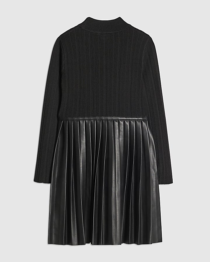 River Island Girls Black Faux Leather Pleated Dress