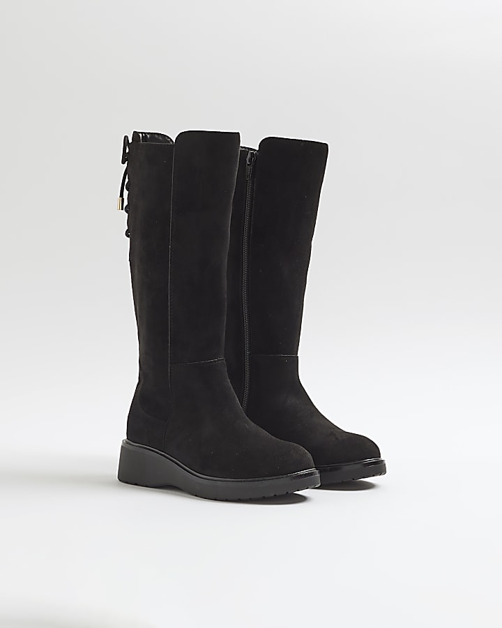 River Island Girls Black Faux Suede Wedge Knee High Boots