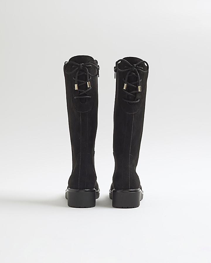 River Island Girls Black Faux Suede Wedge Knee High Boots