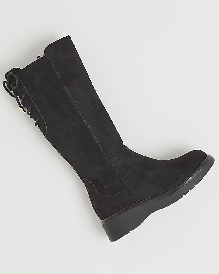 River Island Girls Black Faux Suede Wedge Knee High Boots